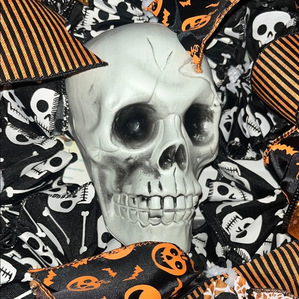 Beautiful homemade, full Halloween Skull Wreath with Orange and Black Ribbons